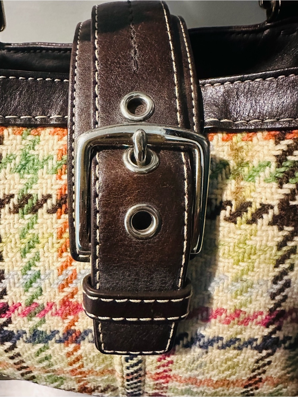 Coach Multicolor Plaid Shoulder Bag with Dark Brown Leather Trim - Picture 2 of 9